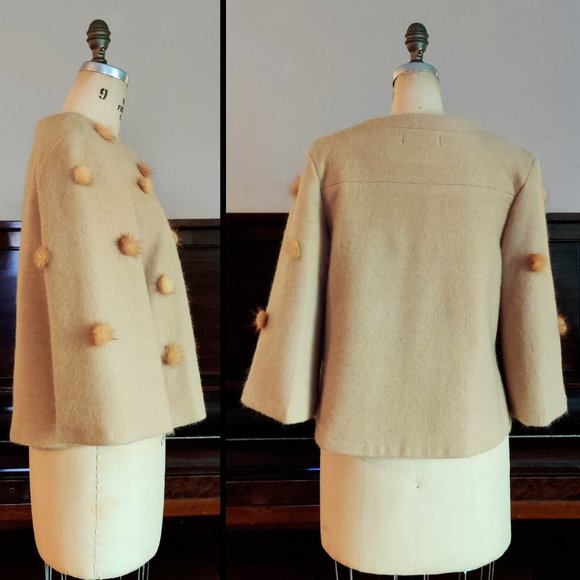 EUC Bess Tan Cropped Jacket with Furry Beige Pompoms – Small Veste Petit - Picture 4 of 7